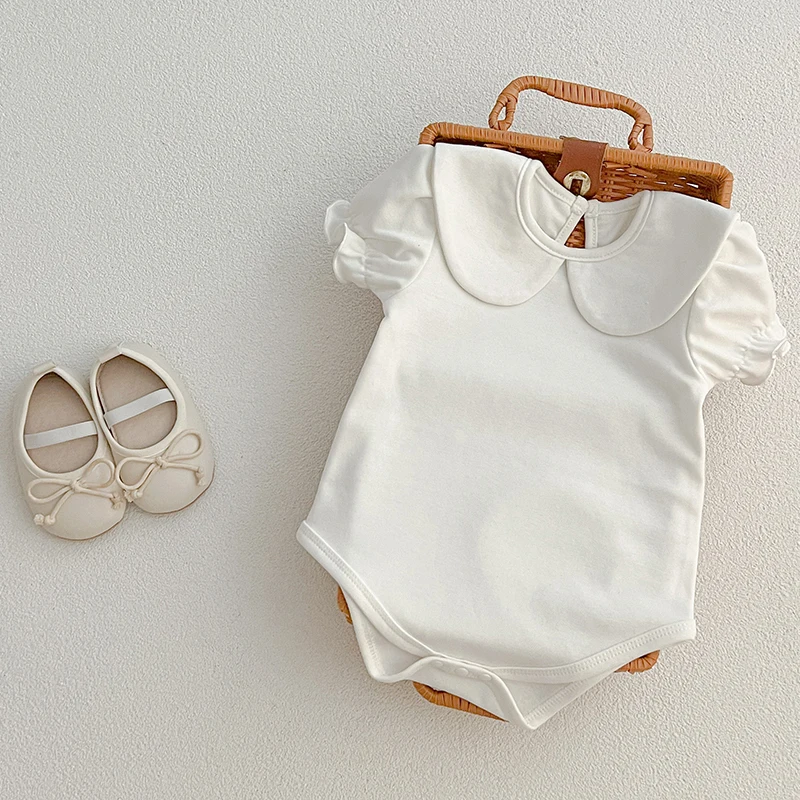 여름  롬퍼 여아 흰색  바디 수트, 반팔 점프 수트, 0-24 개월  옷 의상