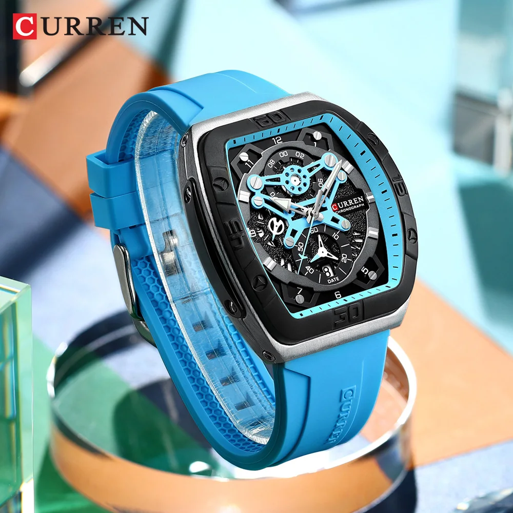 CURREN Creative Fashion Multifunctional Rectangle Quartz Watches New Casual Silicone Strap Men's Wristwatches