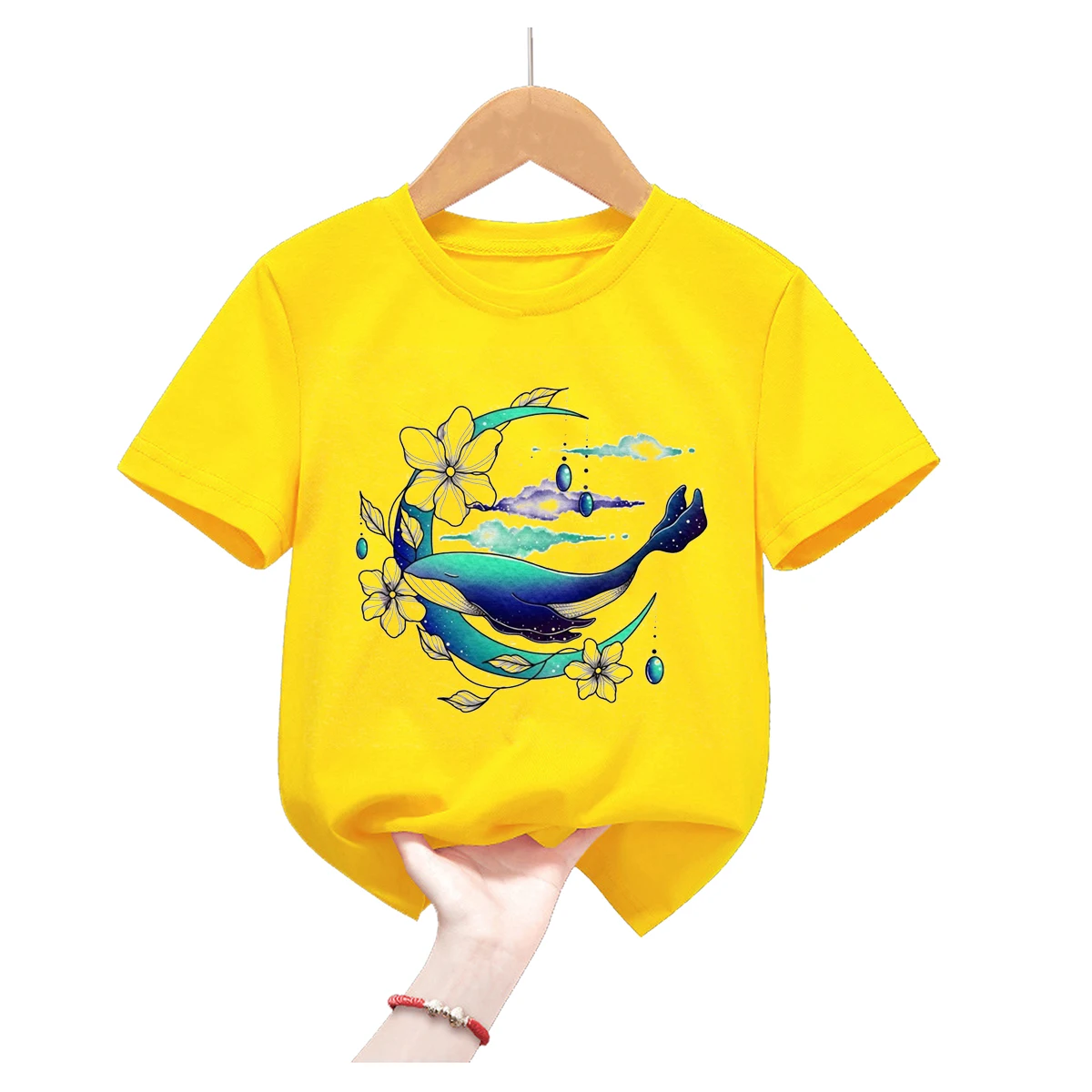 Dolphin With Balloon Print Yellow Tshirt Girls/Boys Harajuku Kawaii Kids Clothes Whale Flowers Summer Tops Fashion T Shirt 3