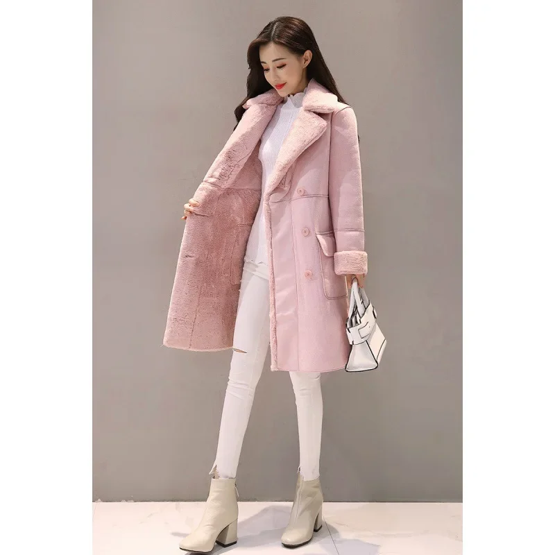 Imitation lamb fur deerskin velvet mid-length coat coat for women 2024 South Korea winter new cashmere thickening