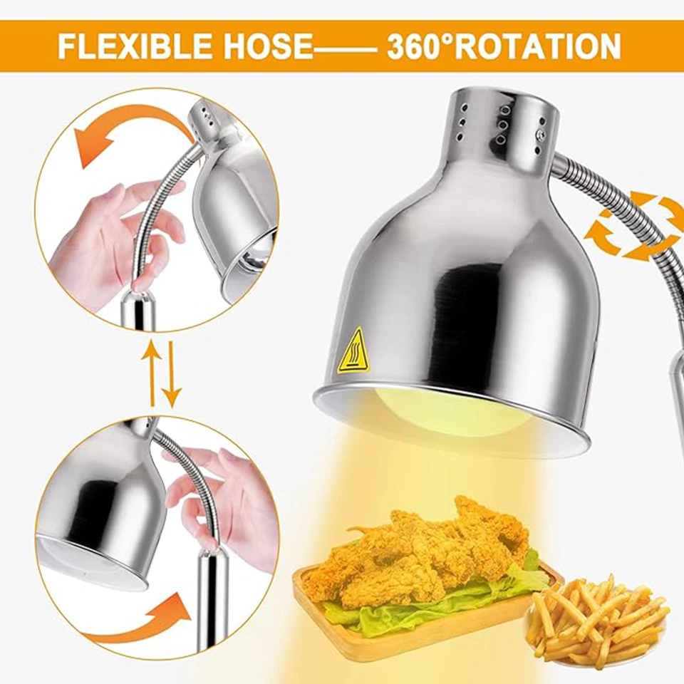 DZ1 Commercial Food Heat Lamp 360°Adjustable Head with Marble Base Infrared Heating Bulb for Food Heating Warmer Light Lamp 4