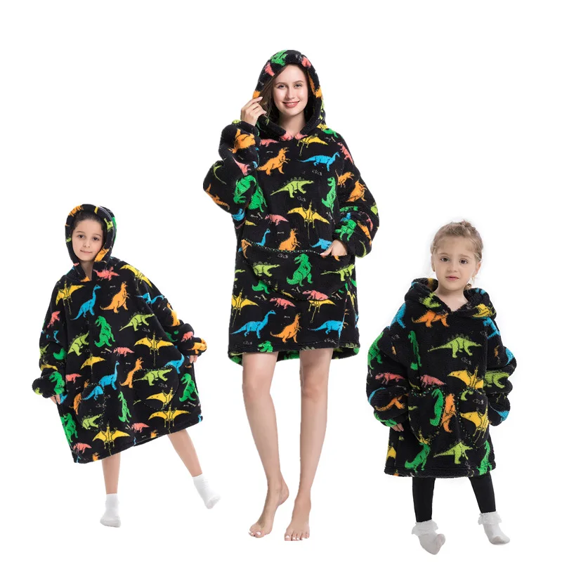 Wearable Blanket Hoodies Family Homewear Thick Loungewear Plush Flannel Pajamas For Parents