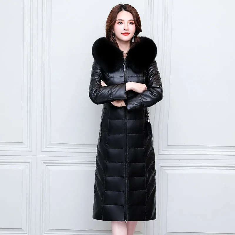 2023 New Woman Haining Imitation Leather Jacket Down Coat Mid-length Thin Sheepskin Fox Fur Collar Hooded Large Overcoat