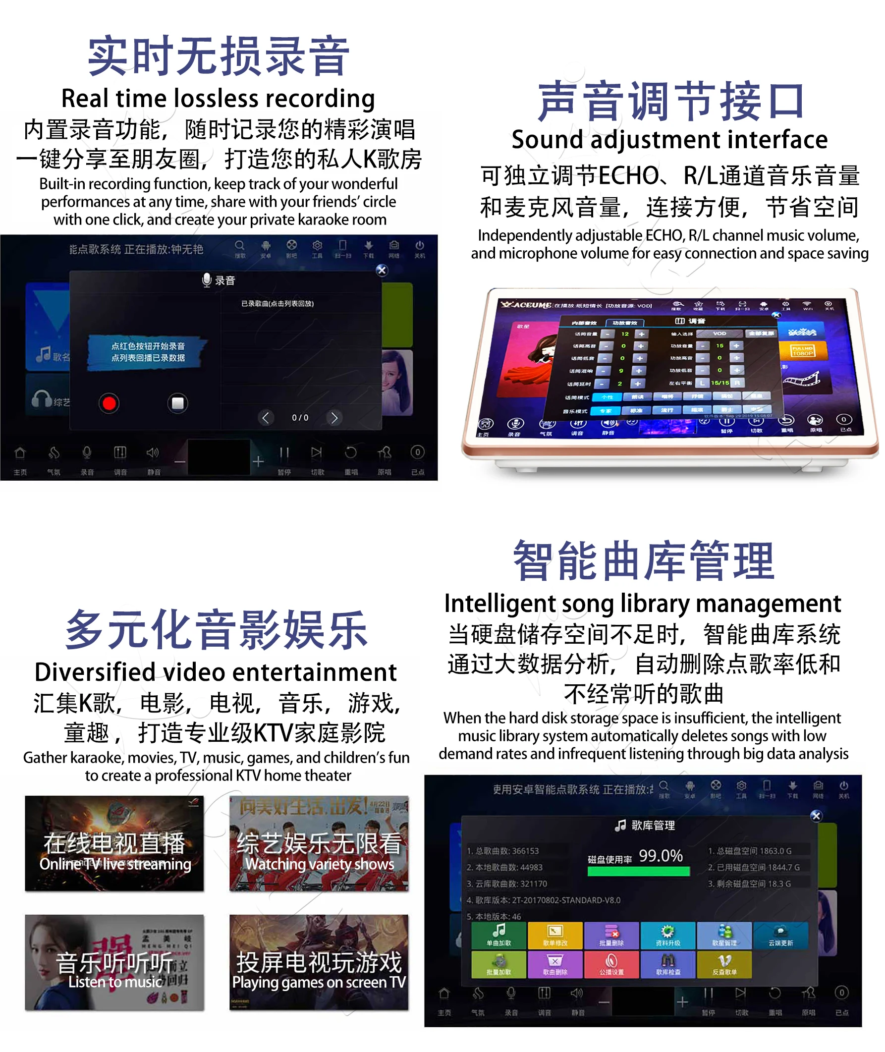 4TB HDD 70K Chinese English Songs 19" Touch screen karaoke player Speaker Set