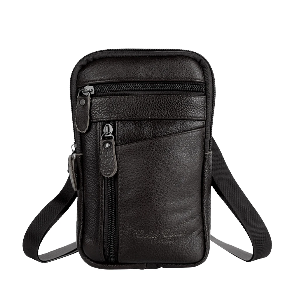 Multifunction Genuine Leather Shoulder Bag Solid Color Men Zip Crossbody Handbag