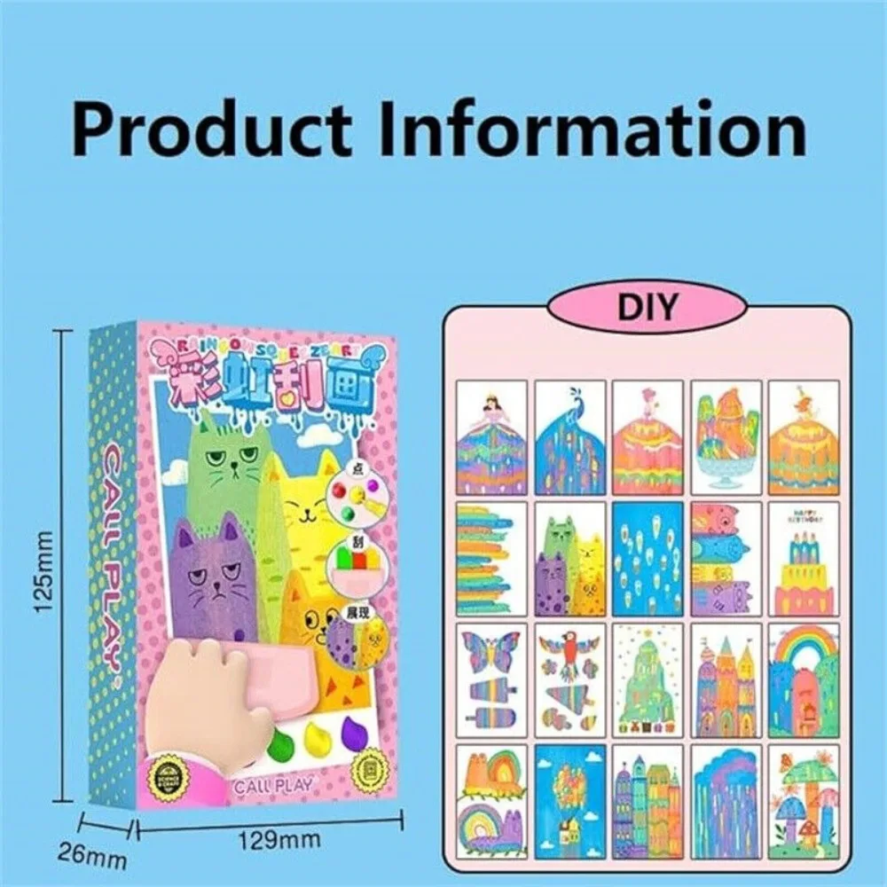 1Set Drawing Papers Squeegee Art Kids Paint Kit DIY Material Animal Pattern Color Scratch Painting Rainbow Dot 6