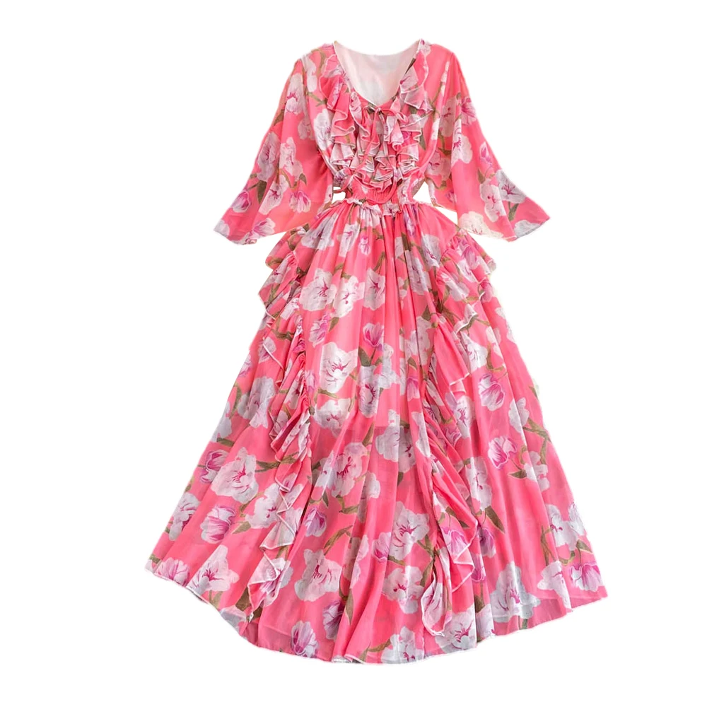 

2023 New Spring Summer Women V-Neck Speaker Sleeve Slim Maxi Dress Korean Sweet Ruffles Big Hem Floral Chiffon Dress