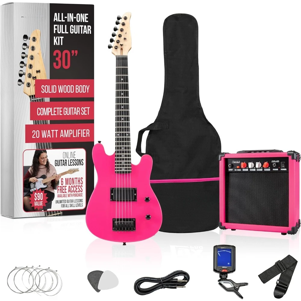 

30 Inch Electric Guitar with Amp, Six Strings, Two Picks, Shoulder Strap, Digital Clip On Tuner, Guitar Cable