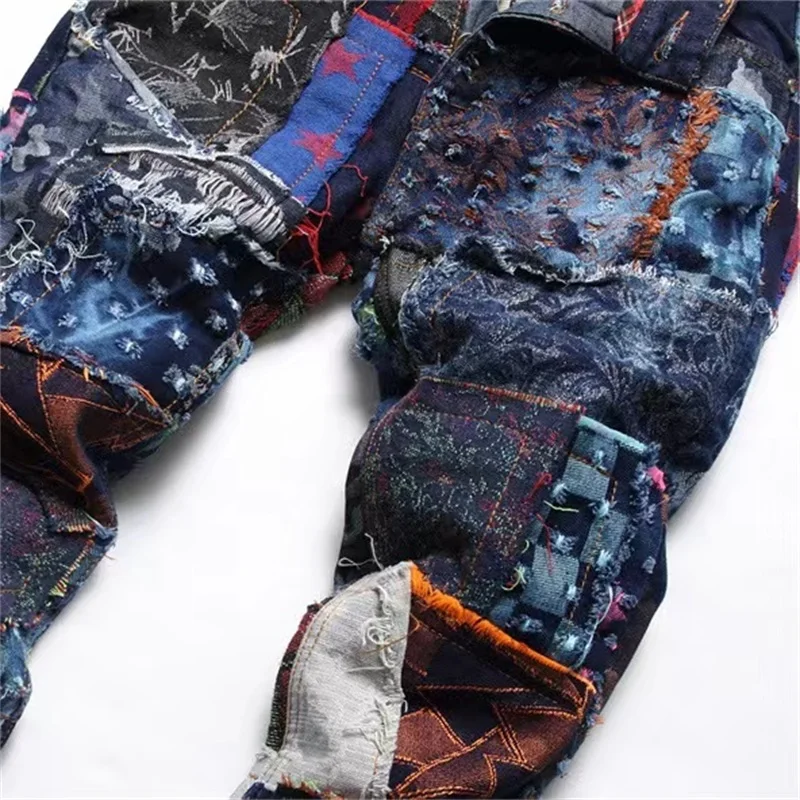 Patchwork Patch Jeans Men's High Street Vintage Feet Tight Luxury Star Embroidery Pants Slim Fit Trend Versatile Four Seasons 24