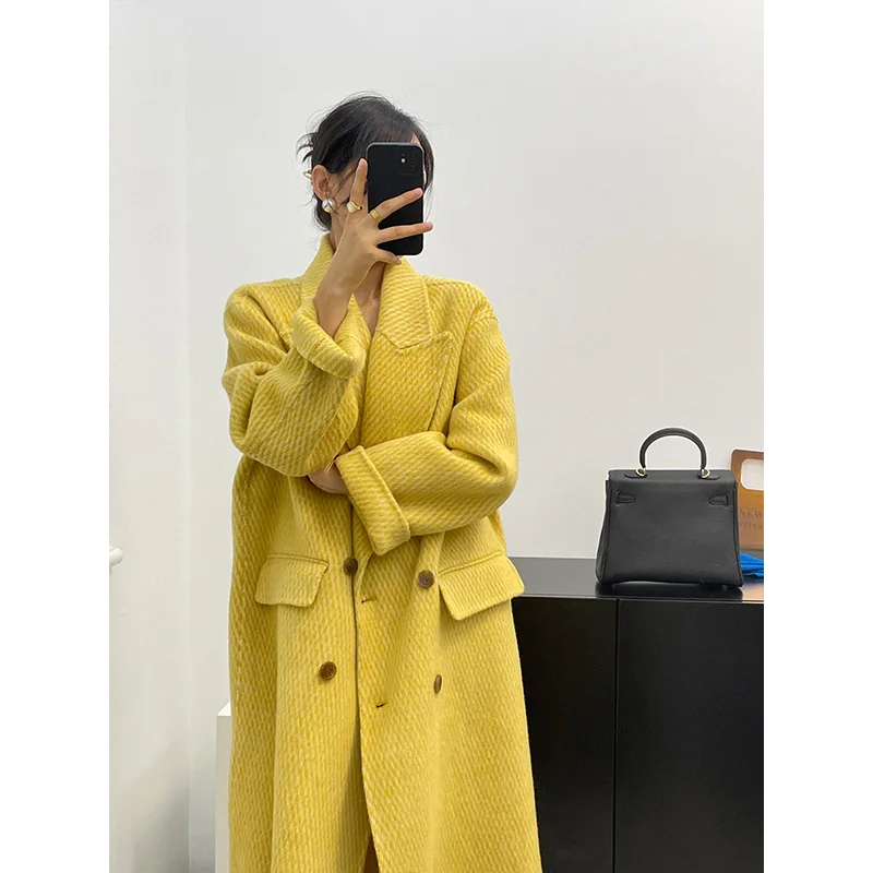 

Yellow French long double sided Herr print cashmere coat women 2023 new alpaca coat autumn
