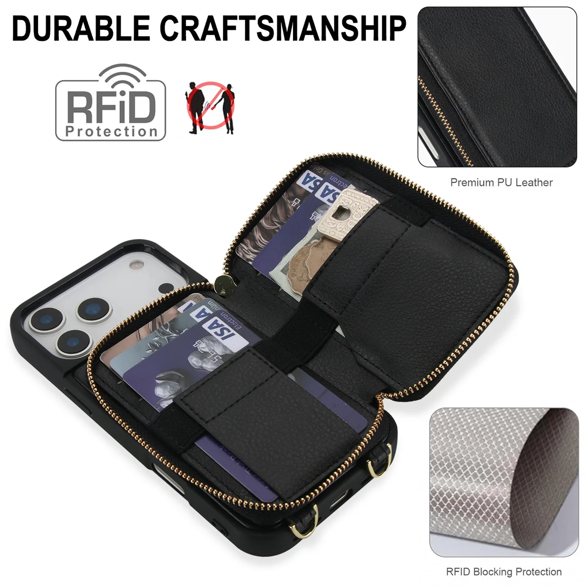 Leather Crossbody Zipper Purse and Card Holder with RFID Protection
