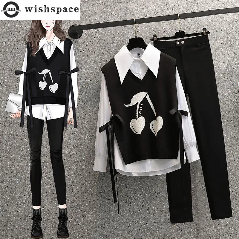 Autumn New White Chiffon Shirt Blouse Knitted Tank Top Small Leggings Three Piece Elegant Women\'s Pants Set Casual Tracksuits