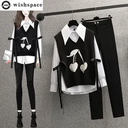 Autumn New White Chiffon Shirt Blouse Knitted Tank Top Small Leggings Three Piece Elegant Women's Pants Set Casual Tracksuits