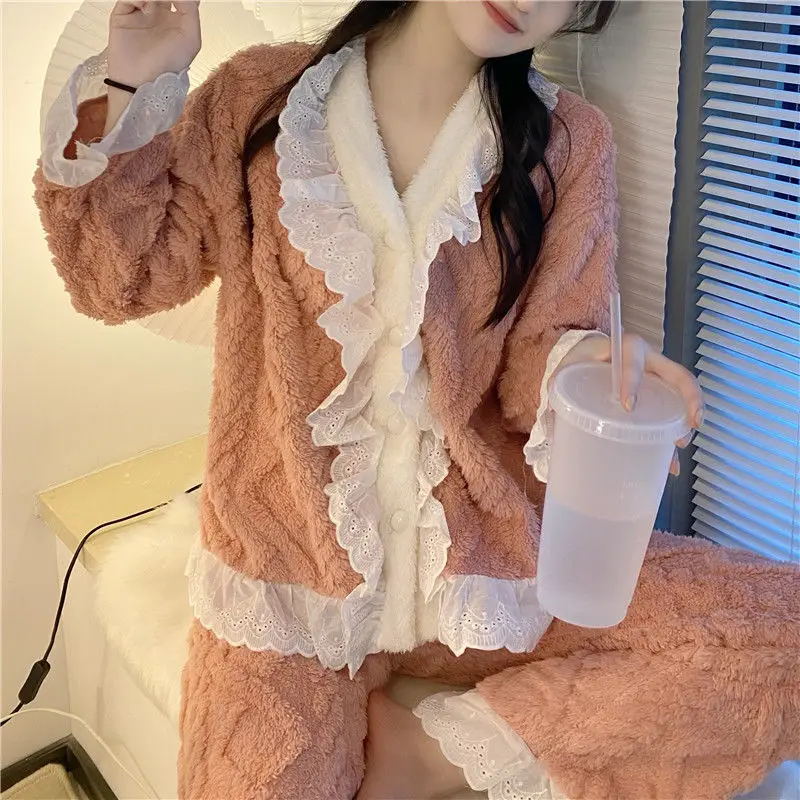 Lace Women Pajamas Set Winter Sleepwear Fleece Velvet 2 Piece Pant Home Suit Sleep Fluffy Korean Solid Piiama Warm Night Wear