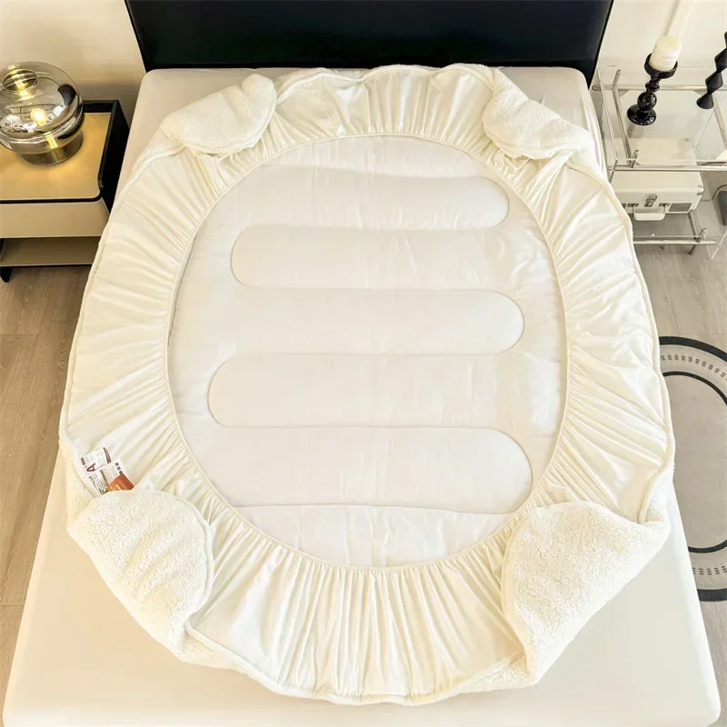 2024 padded thickened lamb wool mattress solid color warm constant temperature mattress machine washable dust protective cover 5