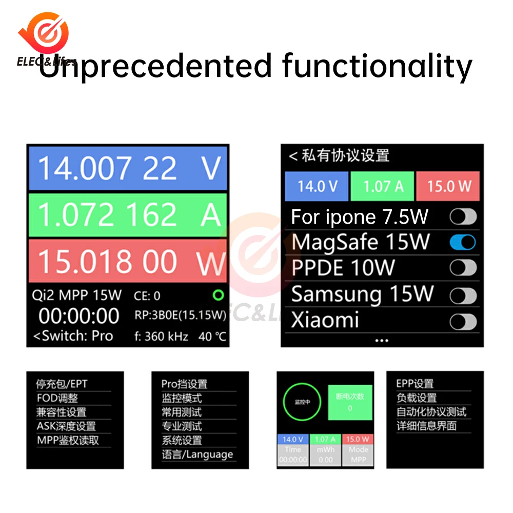 WPX-0001A 무선 충전기 테스터 1.54 LCD 디스플레이 Qi2/MPP25W 고속 충전 자기 다기능 전압 전류 전력 분석