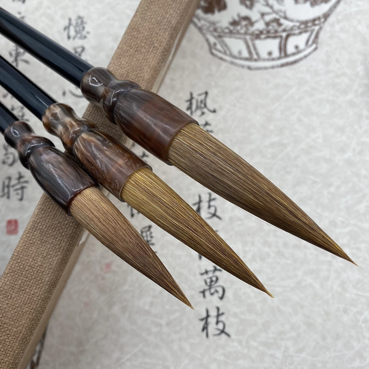 Calligraphy Brush Wolf Hair Wooden Onyx Bucket Pen Chinese Traditional Calligraphy Painting Practice Supplies