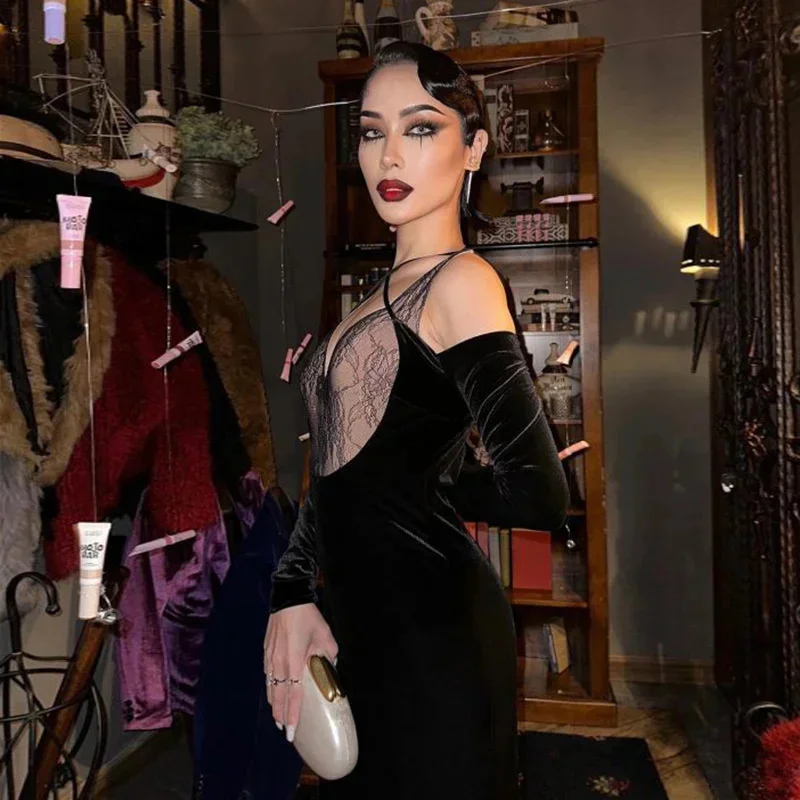 Women's Gothic Long Dress Fall Lace Splicing V Neck Off Shoulder High Waist Slimming Dress Party Club Outfit