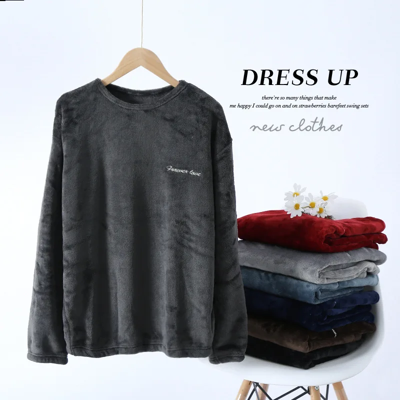 Sleepwear Men Autumn Winter Coral Fleece Thick Velvet Warm Loungewear Suit Solid Flannel Pullover Pants Solid Long Sleeve New