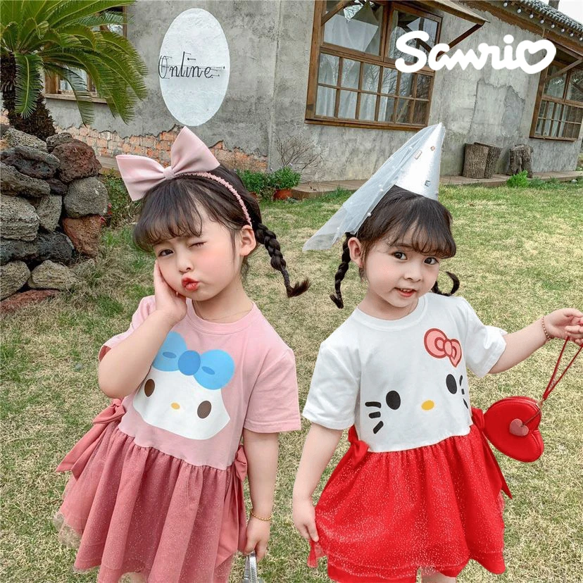 

Kawaii Sanrios Hellokittys My Melody Summer Children's Bow Short-Sleeved Princess Dress Girls Cartoon Mesh Stitching Skirt Gift