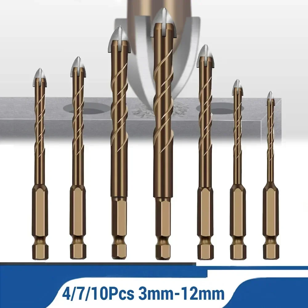 

4/7/10Pcs 3mm-12mm Cross Hexagonal Tile Drill Bit Set Hole Opener Hard Alloy Triangle Bit Multifunctional Drilling Tools
