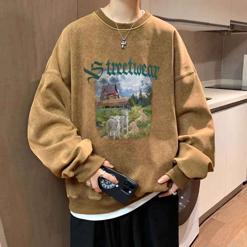 

Retro Oil Painting Graphic Print Y2K Hoodie Men Hip Hop Fashion Washed Pullovers Spring Fall Streetwear Oversize Male Sweatshirt