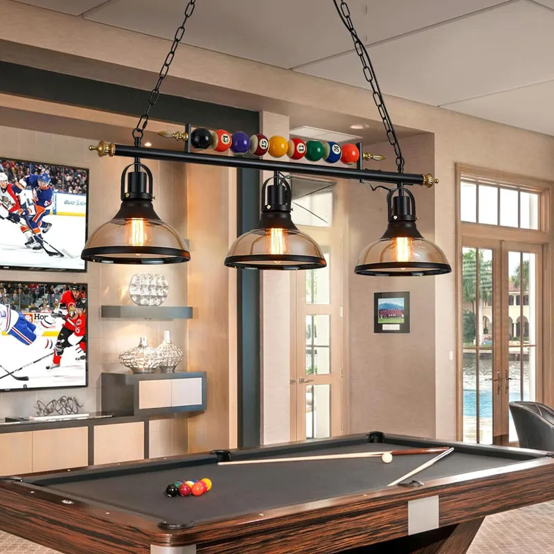 레트로 당구 펜던트 램프 LED 3개의 유리 갓 조절 가능한 샹들리에 바 실내 산업 장식 조명용 식탁