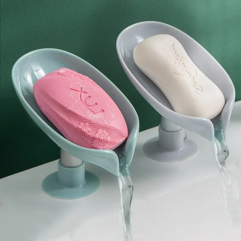 Drain Soap Holder 2pcs Leaf Shape Soap Box Suction Cup Tray Drying Rack for Shower Sponge Container Kitchen Bathroom Accessories soap holder