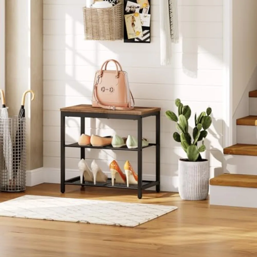 Shoe Bench 3Tier Shoe Rack Industrial Shoe Organizer Storage Bench 19.7 inches Entry Bench with Mesh Shelves for Entryway Livin