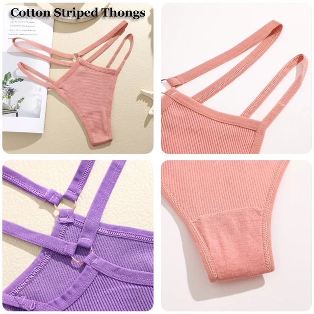 FINETOO 4Pcs Cotton Low Waist Striped Thongs Breathable Women's Lingerie - Image 2