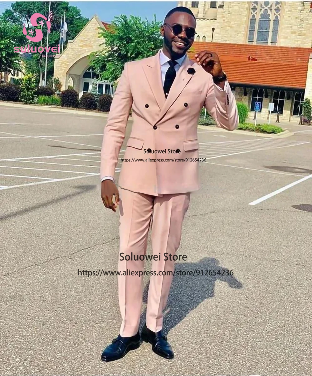 Fashion Pink Double Breasted Tuxedo Suits For Men Slim Fit 2 Piece Pants Prom African Groom Dinner Peaked Lapel Blazer Masculino