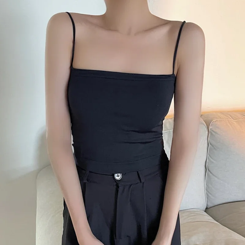 Women Tank Tops Solid Colour Camisole Vest Female Summer with Bra Pads Outside Wear Tops Suspenders Without Steel Ring Long Thin Bustier
