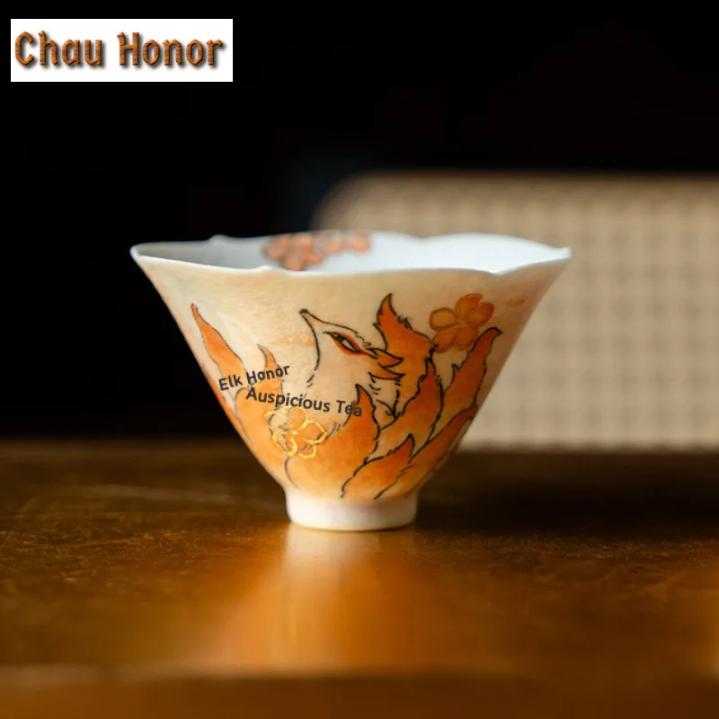 75ml Pure Hand-drawn Nine-tailed Fox Teacup Aesthetic Tea Bowl Set of Cups Tea-tasting Meditation Cup Chazhan Master Cups Gift