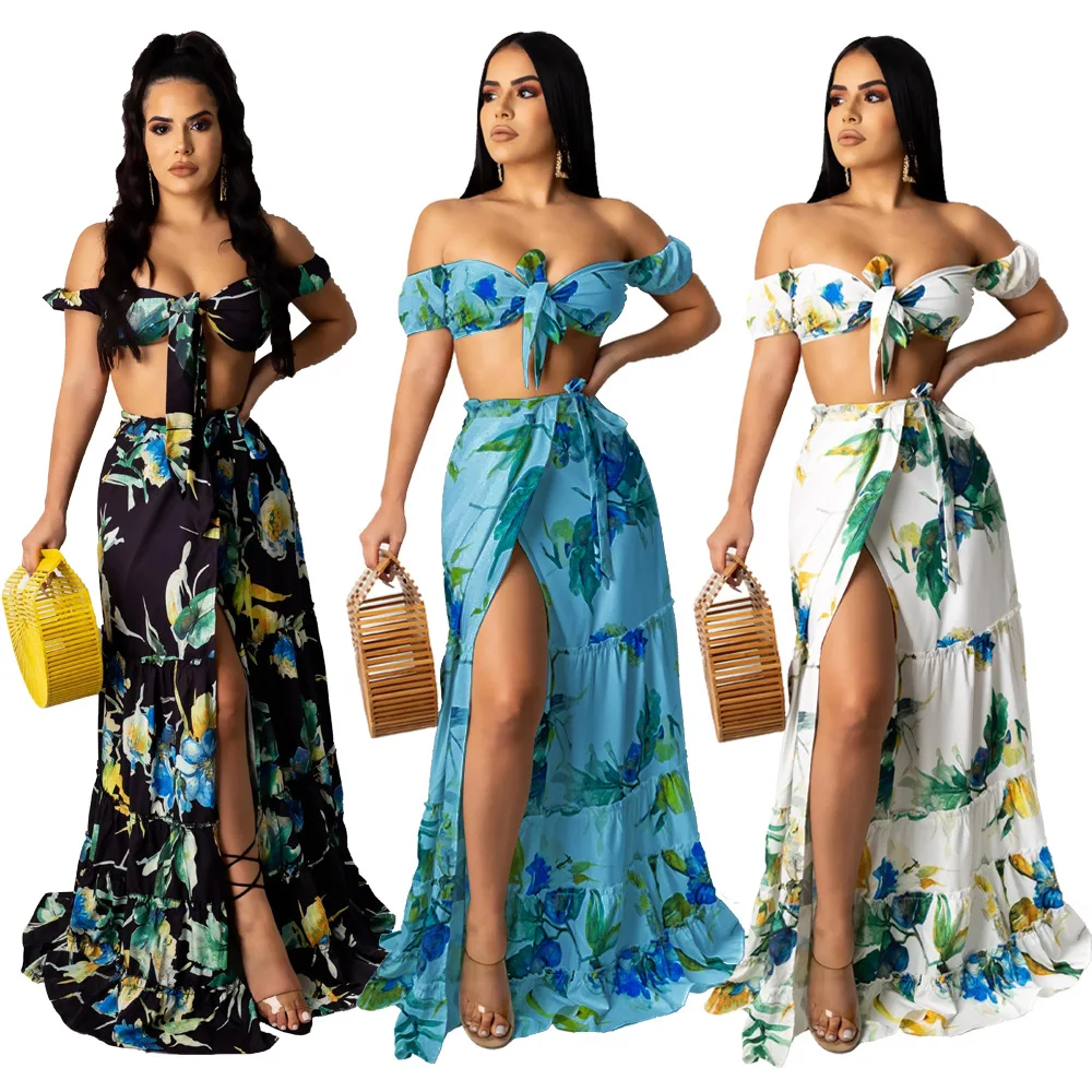 SKMY Elegant Floral Printed 2 Piece Set Women Sexy Lace Up V Neck Crop Top + Long Skirts Night Club Party Beach Outfits 2023 on the beach at night alone