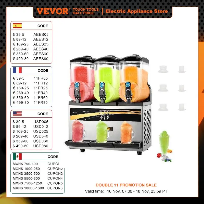VEVOR 45L Slushy Machine Intelligent LED Control Panel Drink Dispenser Juicer Beverage Granizing Smoothie Maker for Commercial