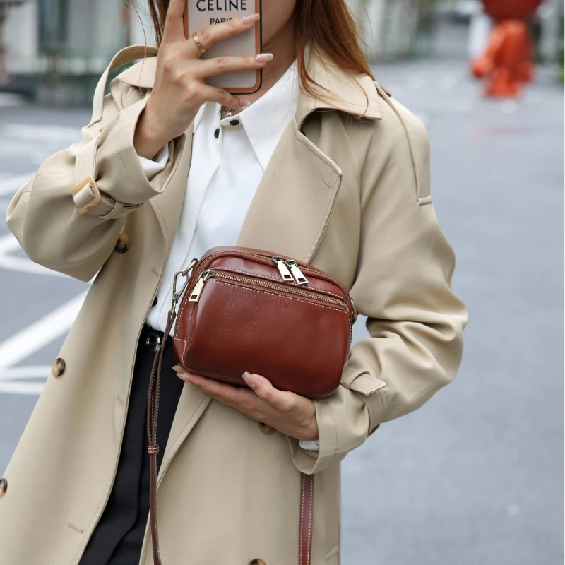 Top Layer Cowhide Shoulder Bag Fashion Genuine Leather Small Round Bag Daily Women's Bags Genuine Leather Crossbody Bag