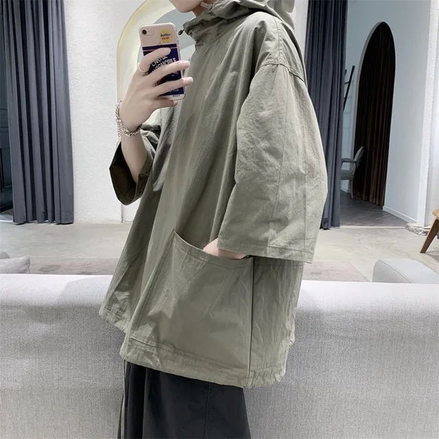 Trendy Summer Hooded Sweatshirt Men's Harajuku Style Loose Fit Capucha Short Sleeves T-shirt Thin Jacket Five Minute Sleeves 2