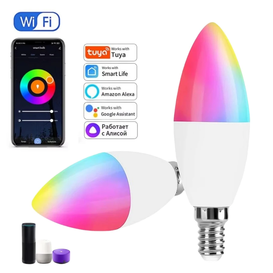 Tuya Smart WiFi LED Bulb E14 Candle Light 220V 9W 7W 5W RGB Dimmable Lamp APP Voice Control Works With Alexa Google Home Decor
