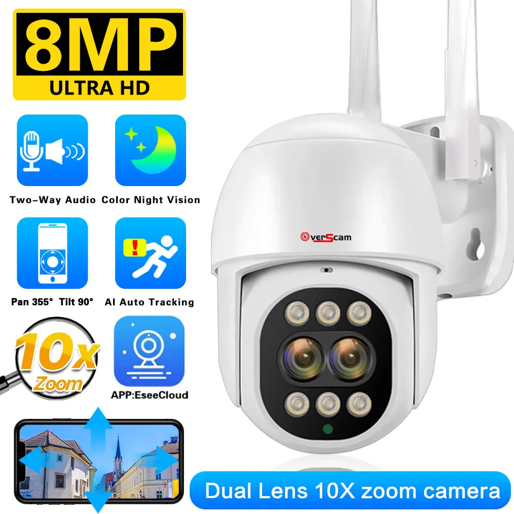 4K 8MP PTZ WIFI IP Camera 2.8mm-12mm Dual Lens 10X ZOOM Video Surveillance Cameras Outdoor CCTV Audio Ai Tracking WiFi Camera