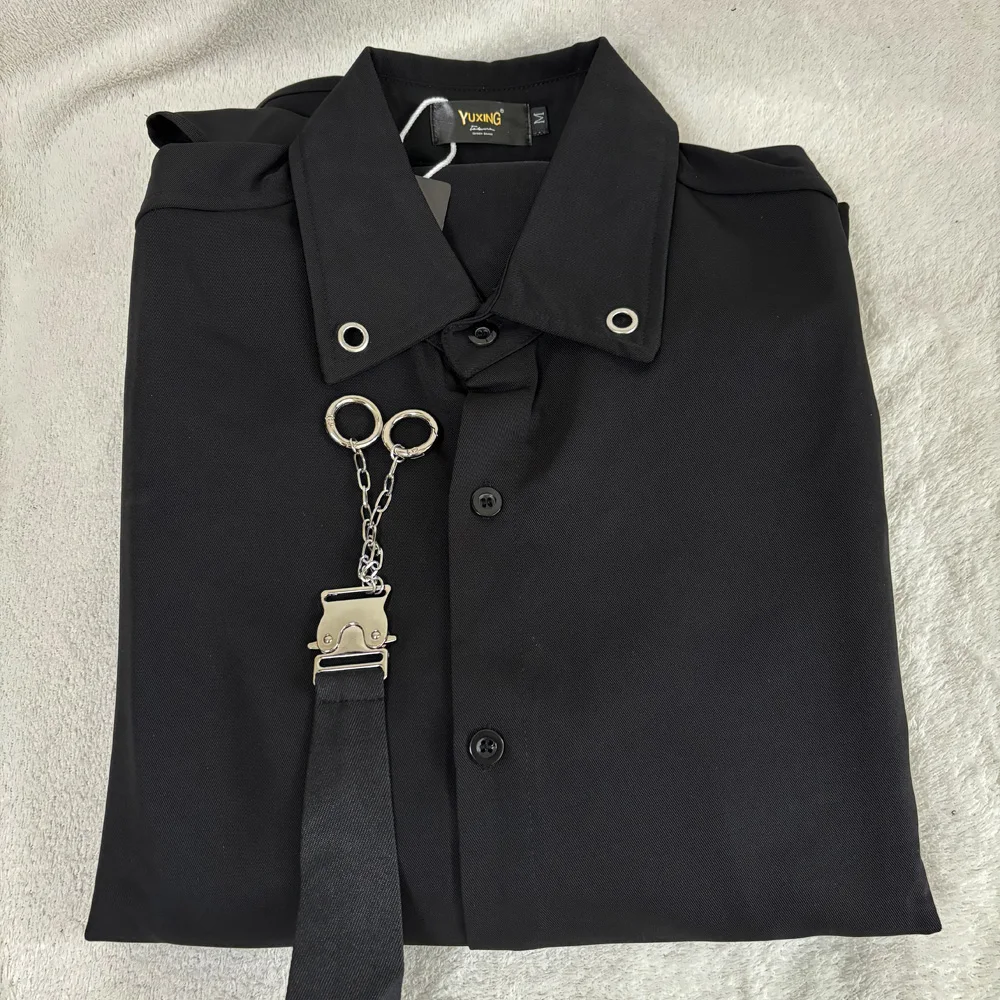 Metal Chain Tie Shirts Men\'s Long Sleeve Loose Casual Korean Streetwear Fashion Oversize Black White Shirts Hip Hop Party Shirt
