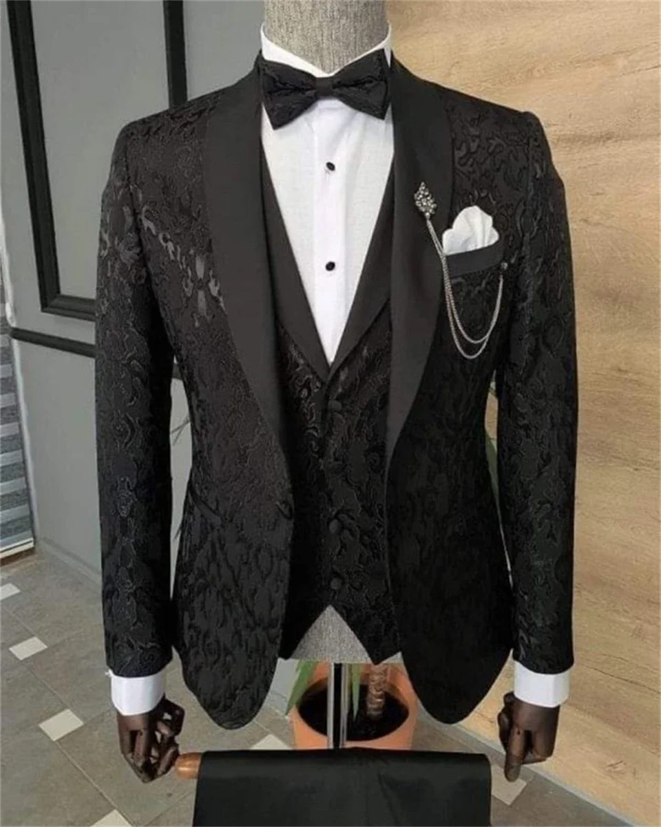 3 Pcs Wedding Suits For Groom Floral Men Fashion Tuxedo Black Jacket With Vest Pants Male Costume