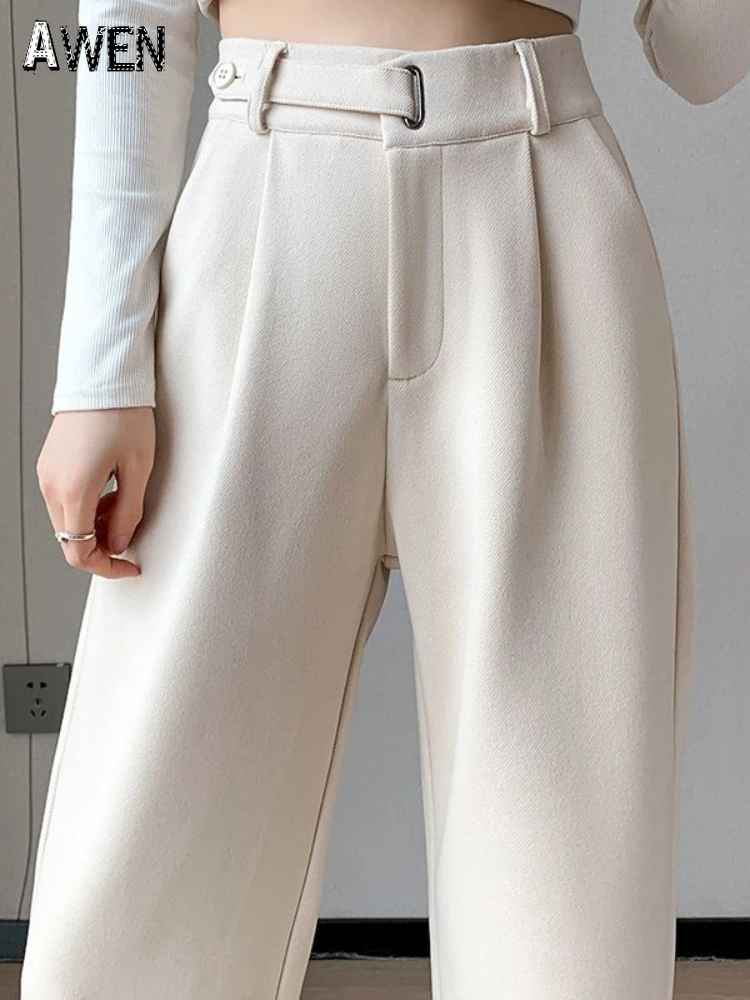 

Winter Thick Loose Casual Women Wide Leg Pants Pure Color Chic Buttons Straight Slim Fashion Female Solid Pants Black Apricot