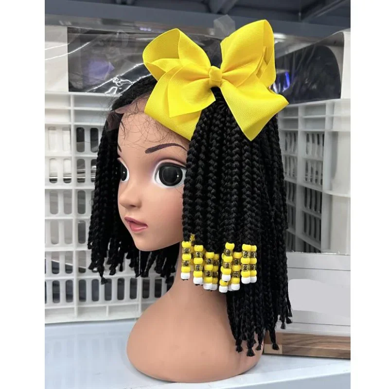 12pcs wholesale  custom 5inch 8inch  sengel twist kids braids elastic ponytails with colorful crochet beads with Bow Tie