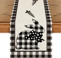 Spring Easter Rabbit Carrots Buffalo Plaid Linen Table Runner Washable Farmhouse Kitchen Dining Table Runner Easter Decorations 1