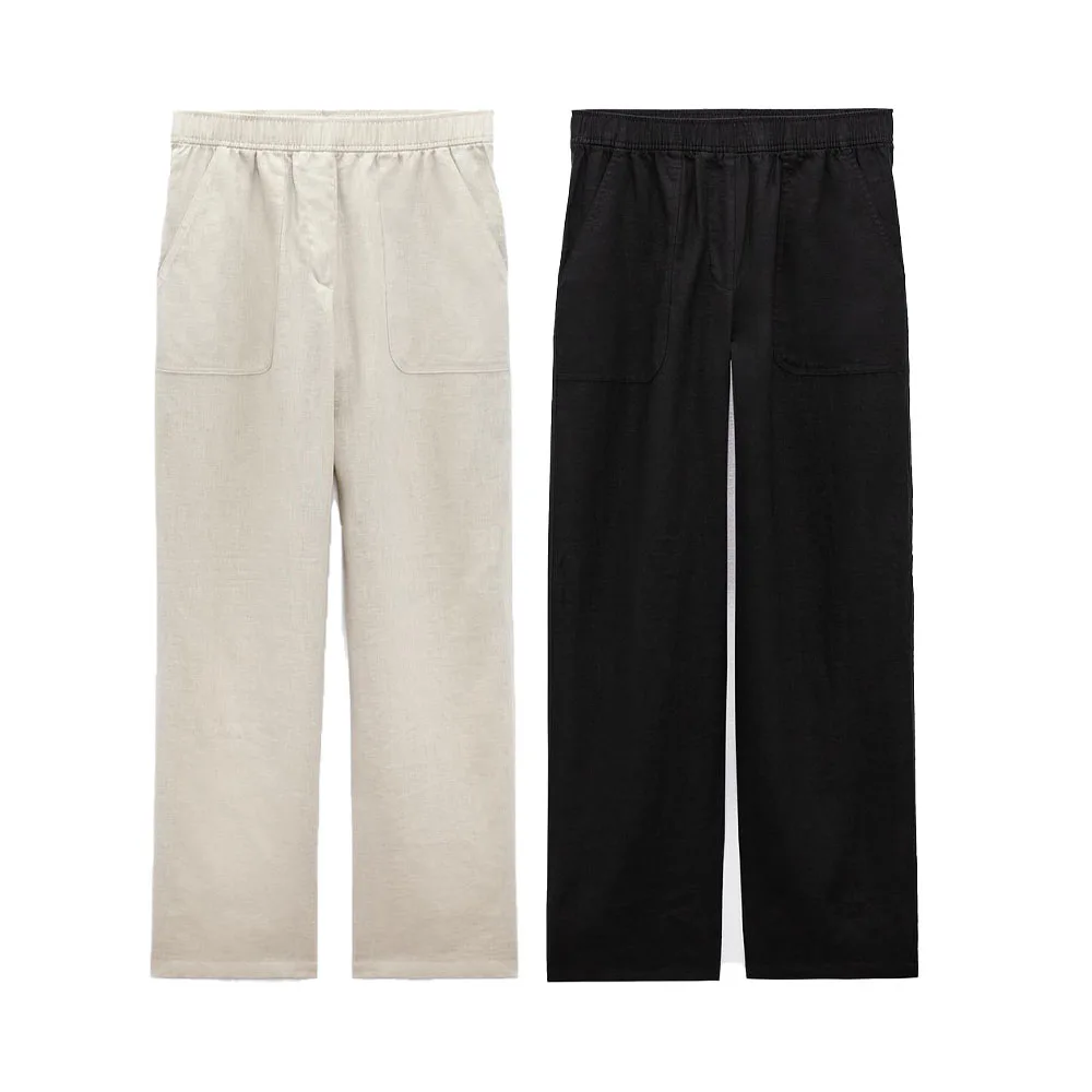 

Zach AiIsa new women's simple and versatile linen fabric elastic high waist loose pocket sports leisure wide leg trousers