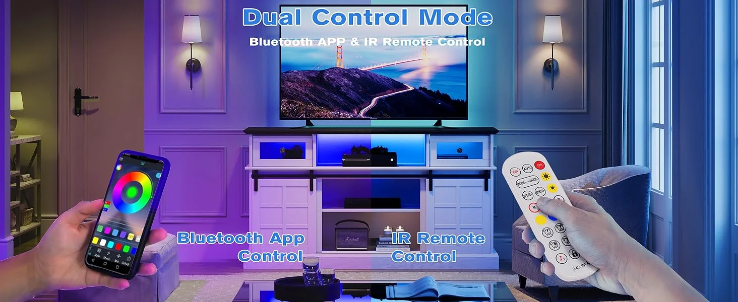 Description Picture 5 of itemLGHM Farmhouse TV Stand w/LED Light, White TV Stand for 65 inch TVs, Entertainment Center TV Cabinet Stands with Flip Drawers.