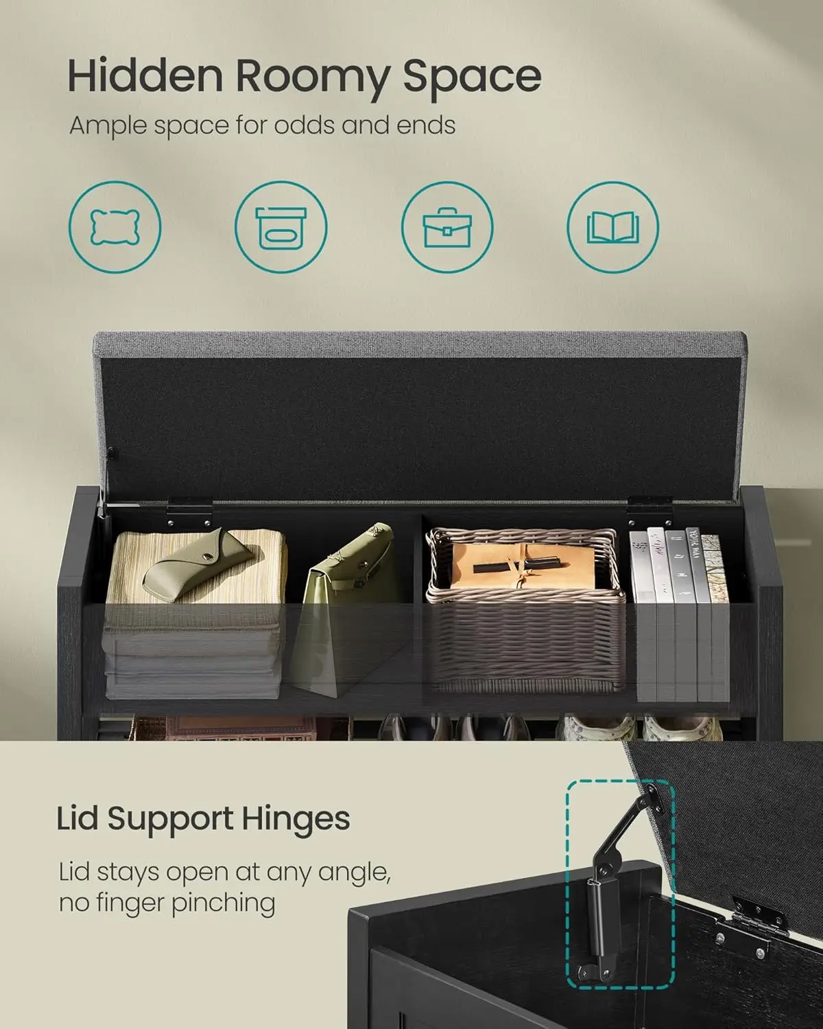 Storage Bench, Bamboo Shoe Rack, Entryway Furniture, 31.5 Inches Wide, Hidden Storage Compartments, 2-Tier Shoe Shelves