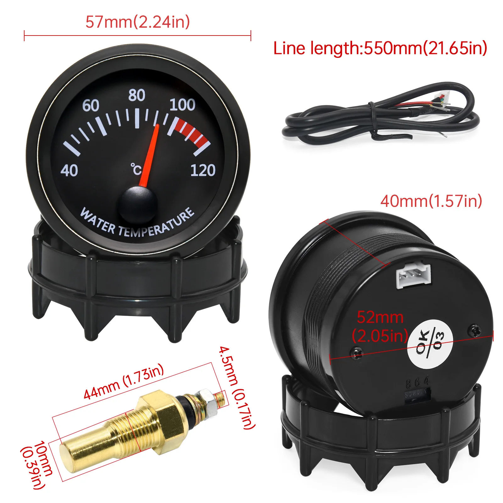 52MM 수온/유온 12V 자동차 게이지 + 26MM-40MM 온도 센서 어댑터 포함 자동차 액세서리 (모든 차량용)