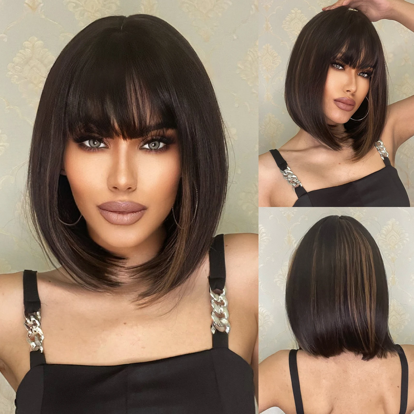 

HENRY MARGU Short Straight Synthetic Wigs with Bang Natural Brown Black Hair Wig for Women Cosplay Party Heat Resistant Wig