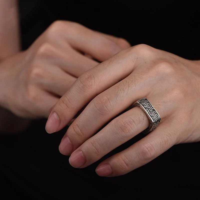 HX Silver Color Men's Ring Retro Square Round Pangu Trend Personality Domineering Handmade Ring Jewelry Accessories silver ring silver rings